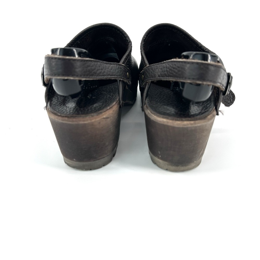 Eddie Bauer Womens Leather Clogs Size 8 Brown Chunky Wood Heel Comfort Y2K Mules - Picture 3 of 11